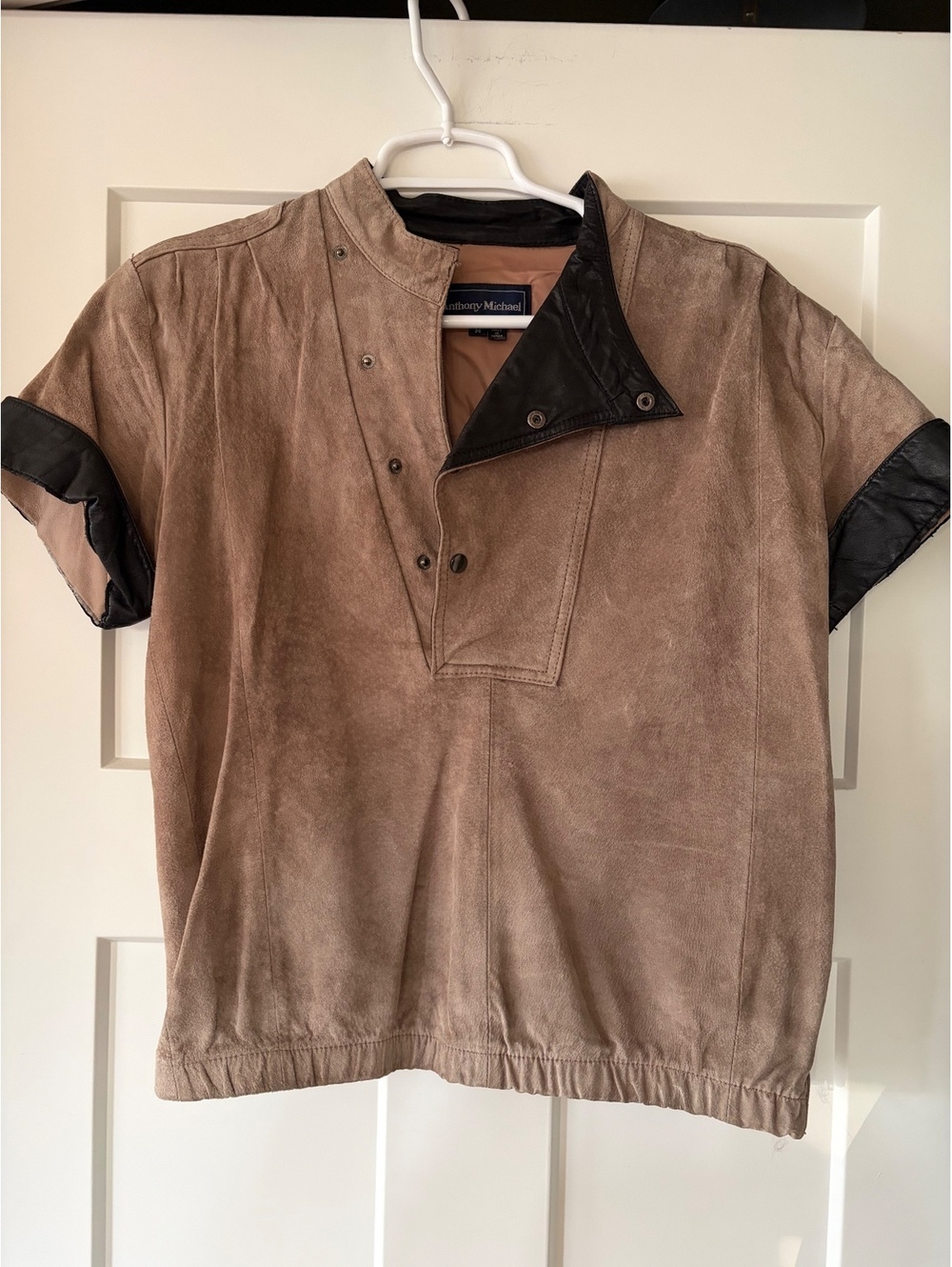 Anthony Michael Vintage Suede & Leather Snap Top — Taupe/Black, Size M